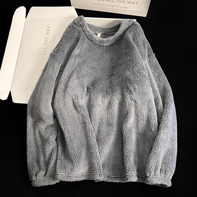 秋冬季法兰绒家居服套头圆领珊瑚绒睡衣男女款情侣单件上衣可外穿