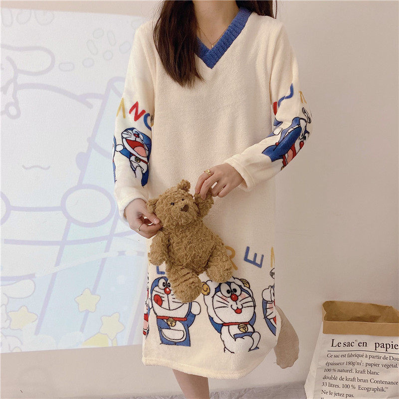 法兰绒睡裙女秋冬季中长款睡衣保暖宽松大码卡通可爱珊瑚绒家居服