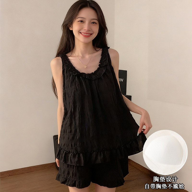 韩系ins甜美睡衣女夏季带胸垫吊带短裤黑色花边新款家居服两件套