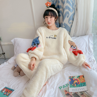 珊瑚绒睡衣女秋冬季加厚学生保暖卡通可爱法兰绒家居服可外穿套装
