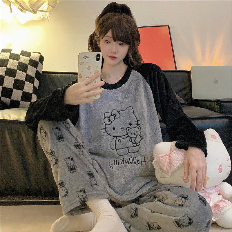 2024新款韩版珊瑚绒睡衣少女秋冬季加绒加厚高级感卡通家居服套装