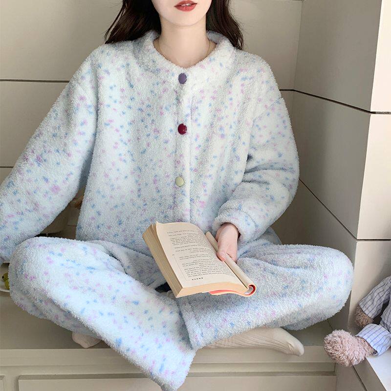 睡衣女款秋冬季加厚加绒保暖冬天珊瑚绒甜美学生家居服套装可外穿