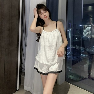 家居服白色 夏季 少女日系纯欲薄款 甜美可爱性感吊带短裤 睡衣女套装