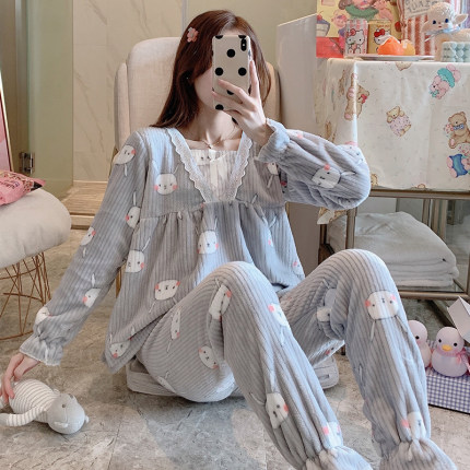 公主风珊瑚绒睡衣女秋冬季可爱甜美学生法兰绒家居服加绒加厚套装