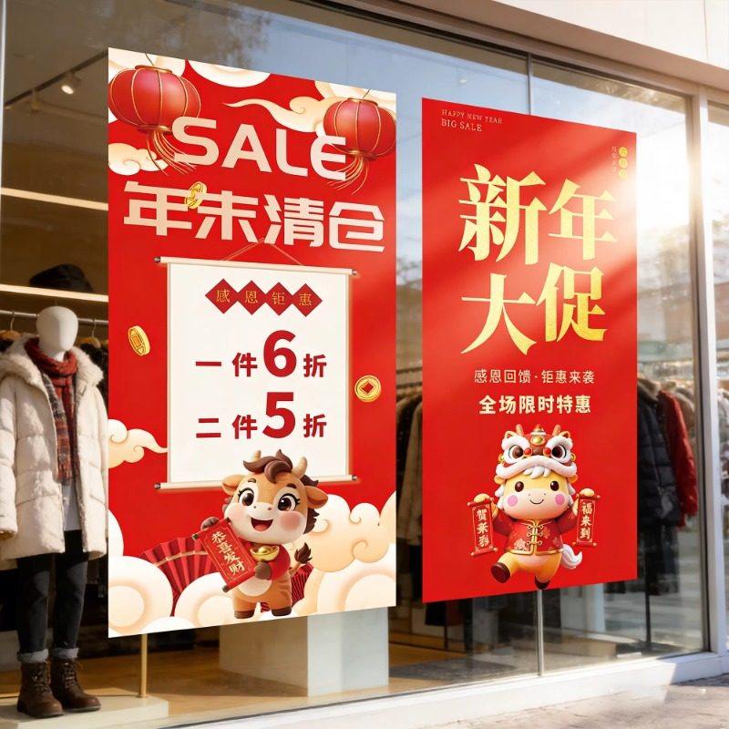 年末促销海报服装店玻璃门橱窗装饰画QT年终大促清仓活动广告贴纸,文具电教/文化用品/商务用品,标志牌/提示牌/付款码,淘宝优惠券,粉丝福利购,淘宝优惠卷