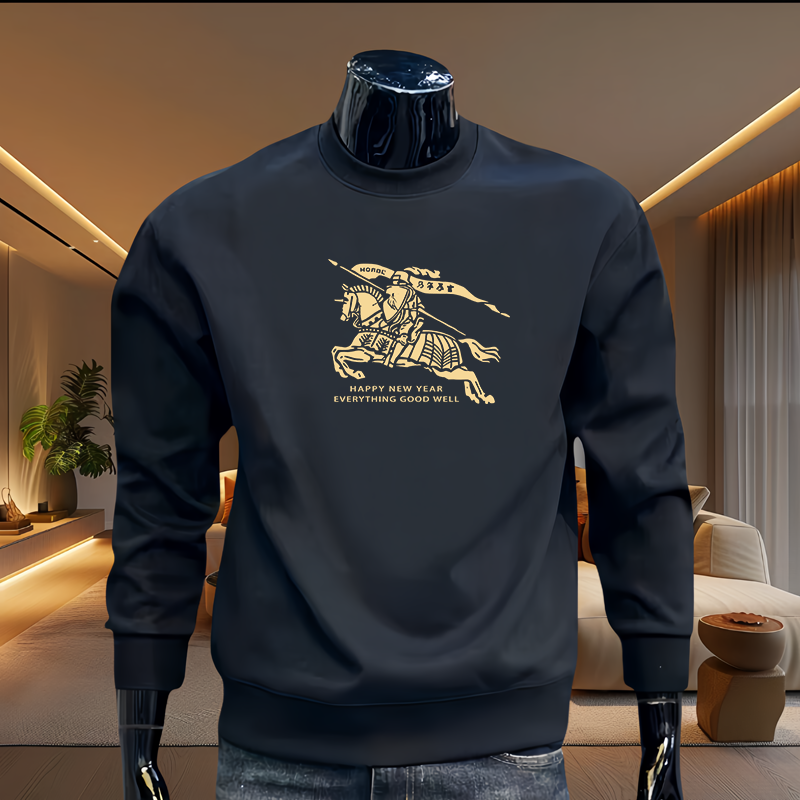 秋冬季休闲套头修身型潮牌黑色圆领卫衣男本命年印花休闲百搭上衣