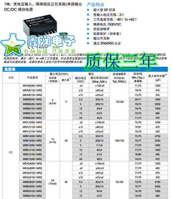 WRA1205/1212/1215S-1WR2 宽输入9-18V 输出正负5-15V 原装正品