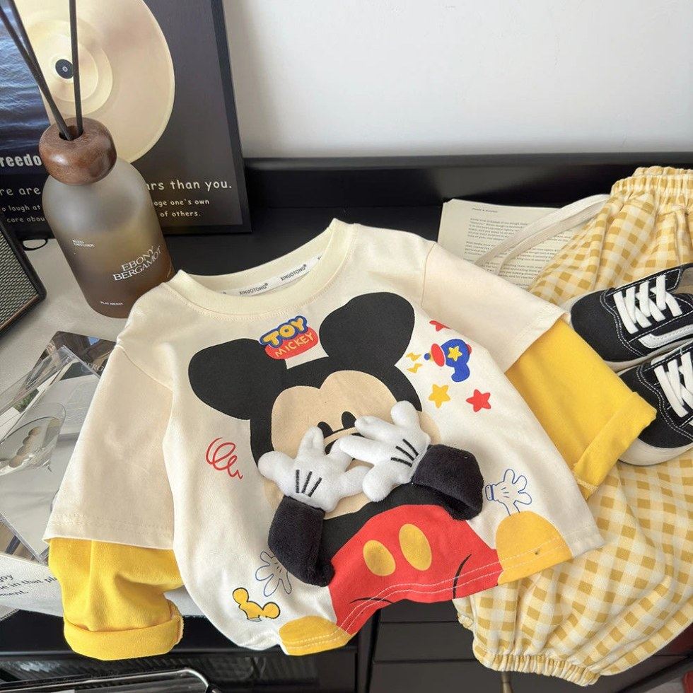 2025新款男女儿童米奇立体玩偶装饰假两件纯棉长袖T恤韩版童装
