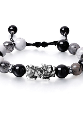 魔物 水墨貔貅 国风小众纳财好运转运S999银好运黑曜石玉石手链男
