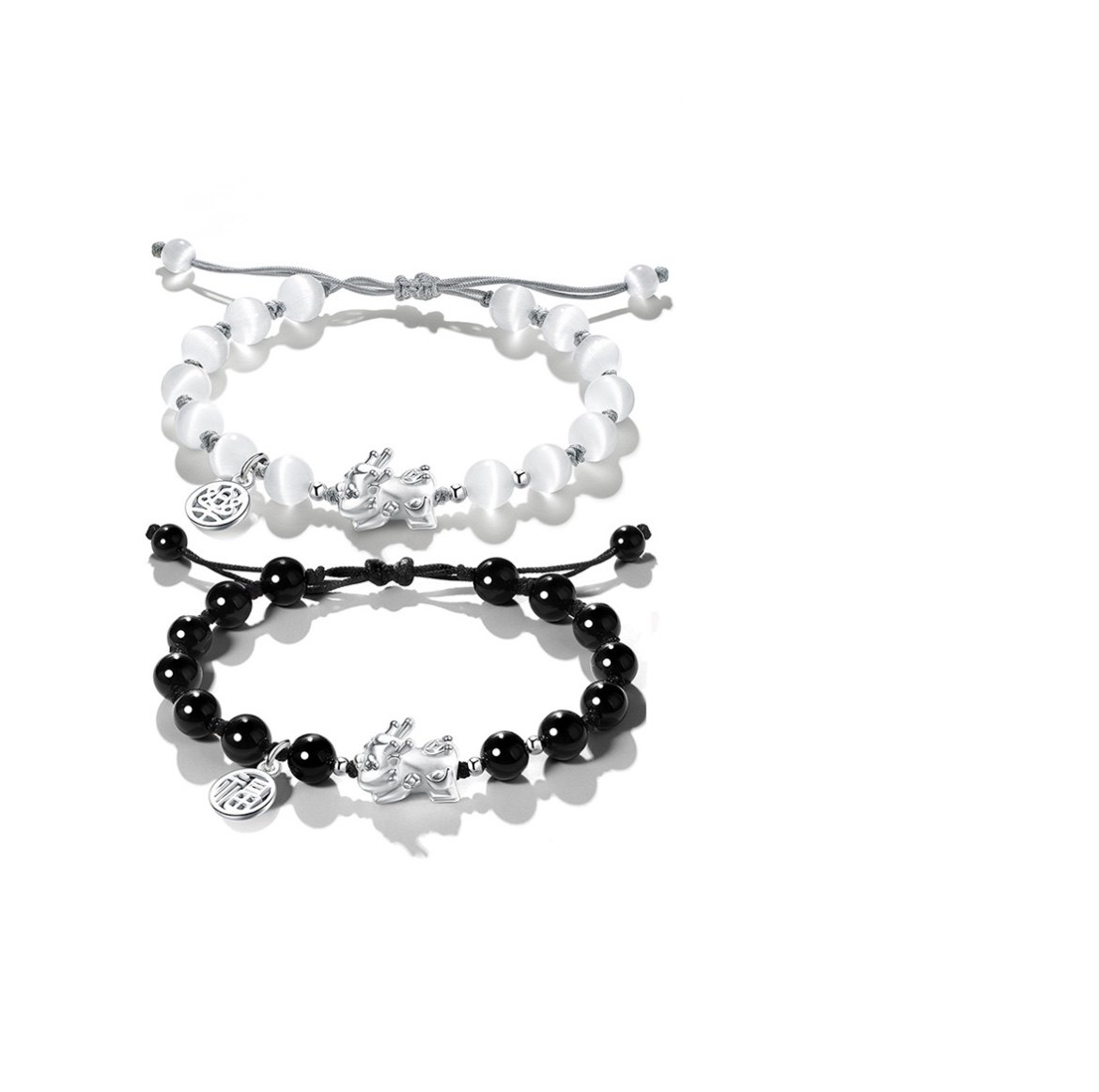 s999纯银貔貅情侣手链男女款招财吞金兽猫眼石编绳手链