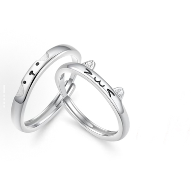 刻字CAREBEARS爱心小熊贴贴萌趣涂鸦对戒素圈纯银S999足银戒指