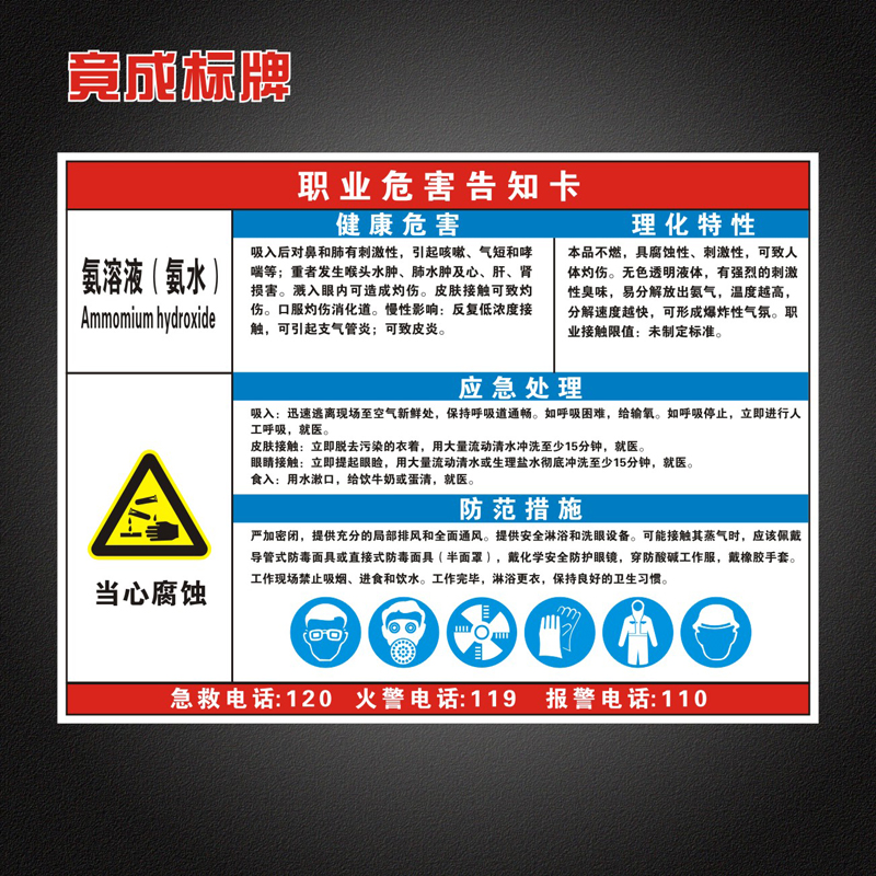氨溶液（氨水）职业病危害告知卡全套工厂周知卡安全警示标识牌
