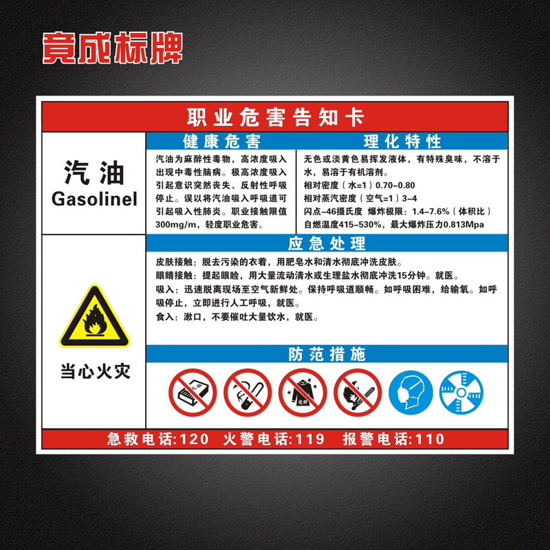 汽油职业病危害告知卡全套工厂周知卡安全警示标识牌
