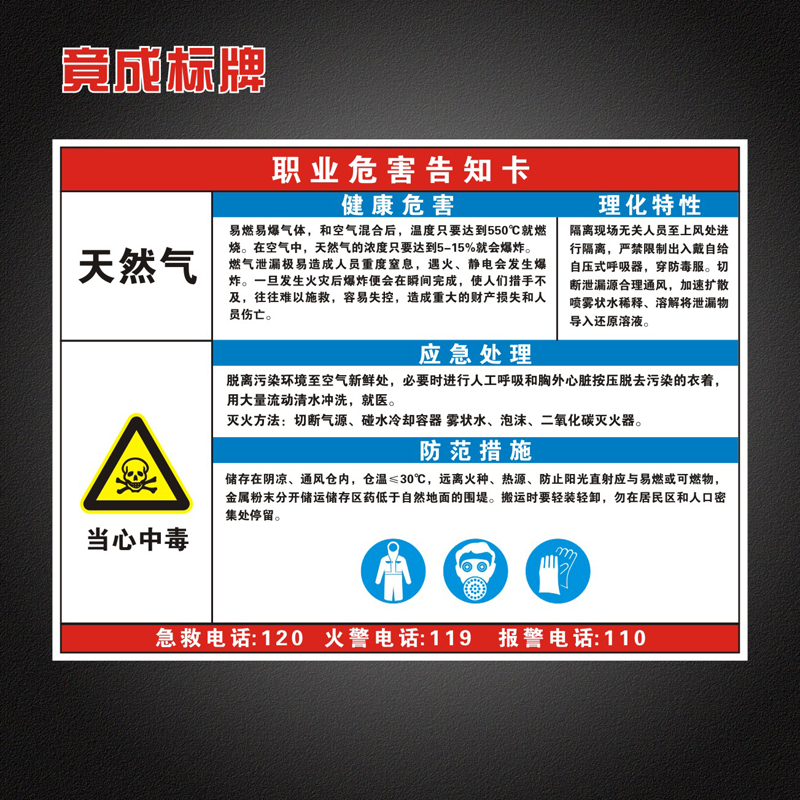 天然气职业病危害告知卡全套工厂周知卡安全警示标识牌