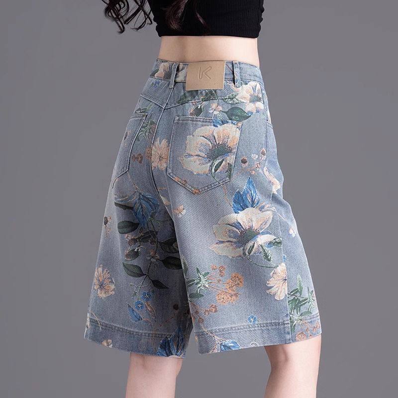 蓝色印花牛仔短裤女夏薄款2026新款宽松阔腿中裤高腰直筒五分裤子