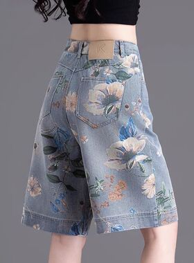 蓝色印花牛仔短裤女夏薄款2026新款宽松阔腿中裤高腰直筒五分裤子