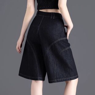 阔腿过膝中裤 黑色牛仔短裤 小个子宽松五分直筒裤 2026新款 女夏薄款