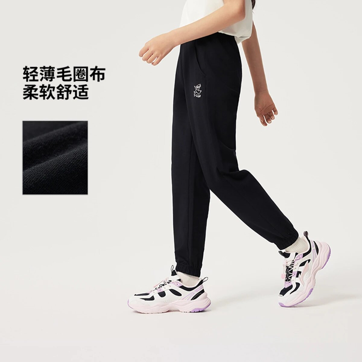 李宁黑色长裤女大童新款束脚卫裤夏季薄款休闲裤针织裤子YKLV052