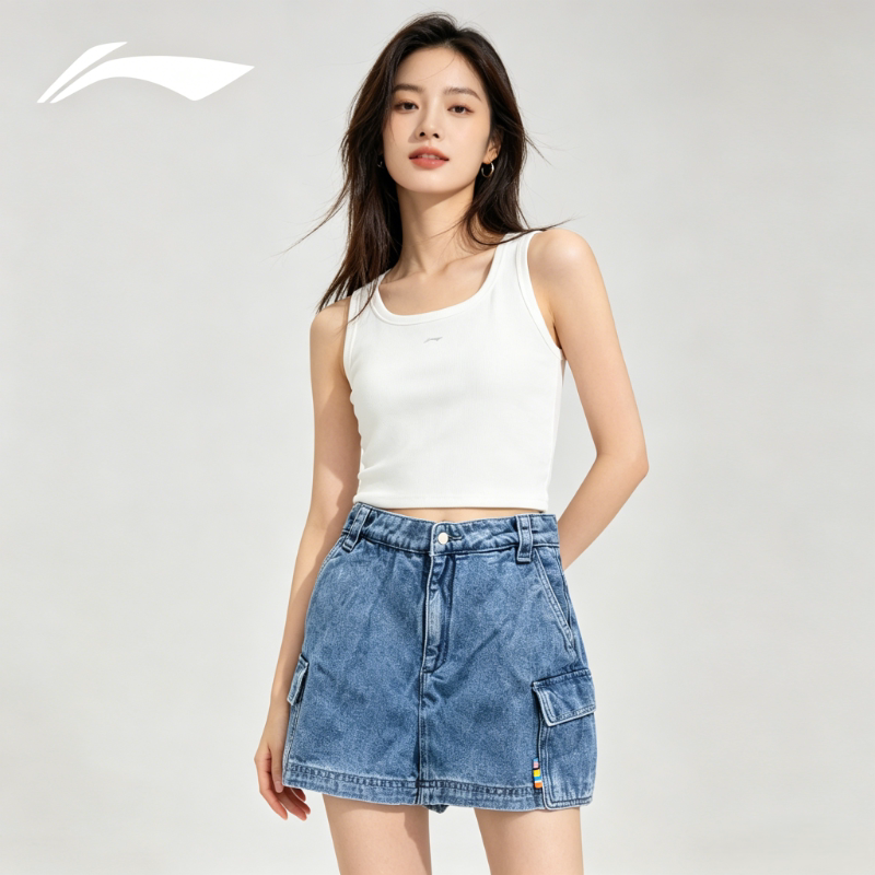 李宁牛仔短裤女款夏季新款日常穿搭时尚潮流宽松休闲水洗AJSU016