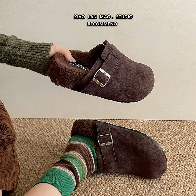 复古厚底半拖勃肯鞋女2025棉拖鞋