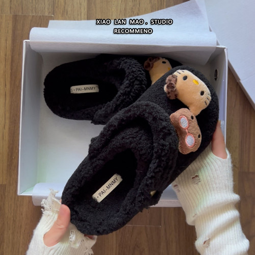 可爱小猫公仔毛毛拖鞋女超火绝美