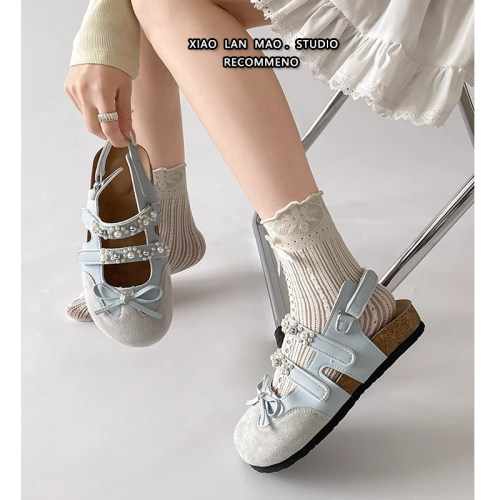 蓝色蝴蝶结厚底增高包头凉鞋女