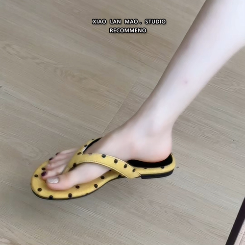 黄色法式波点防滑平底人字拖女