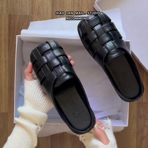 黑色包头半拖鞋女软底罗马凉拖鞋