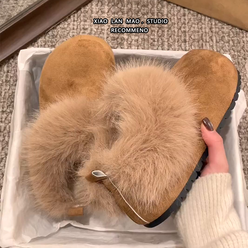 复古加绒加厚增高厚底半拖勃肯鞋