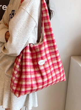 大容量包包女时尚爆款格子布托特包学生上课通勤单肩包休闲购物袋