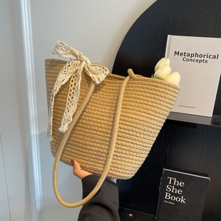 菜篮子编织草编包女2025新款 大容量单肩水桶包海边度假沙滩包 夏季