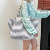 韩系慵懒风条纹帆布包女夏季 休闲单肩包轻便大容量旅游购物袋 新款