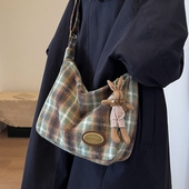 美拉德复古毛呢格子包包女包春夏大容量托特包休闲百搭单肩斜挎包