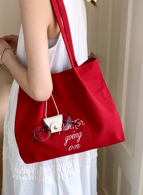 红色字母帆布包包女2025新款秋冬超火托特包休闲大容量通勤单肩包