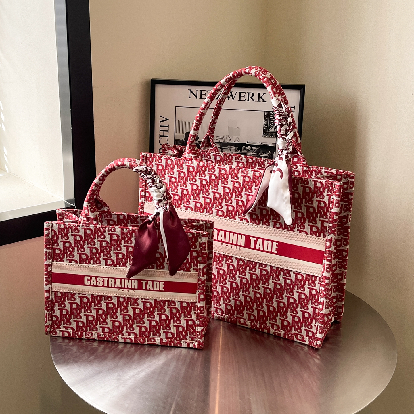 红色大容量托特包通勤手提购物袋