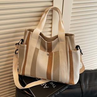 条纹帆布包女夏2025新款休闲上班通勤单肩手提袋大容量斜挎托特包