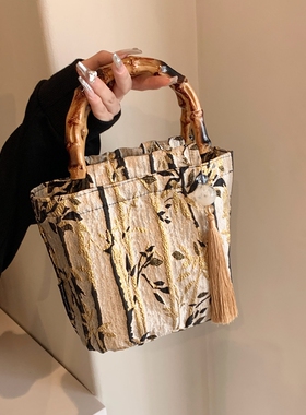 新中式国风包包女2026新款夏天超火竹节手提水桶包旗袍汉服手拎包