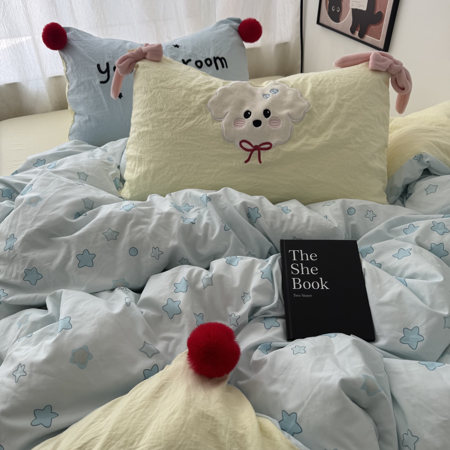 少女ins星星小狗毛球款水洗棉纯棉四件套学生全棉床单被套三件套