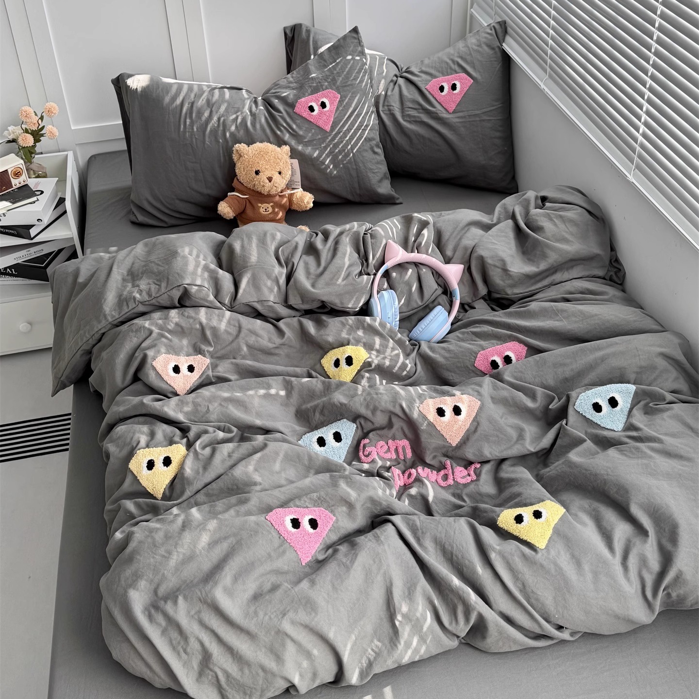 灰色ins星星大眼毛巾绣水洗棉四件套全棉被套床单学生宿舍三件套