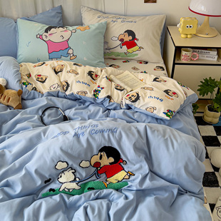 卡通蜡笔小新水洗棉毛巾绣被套四件套学生宿舍床单床笠三件套单人