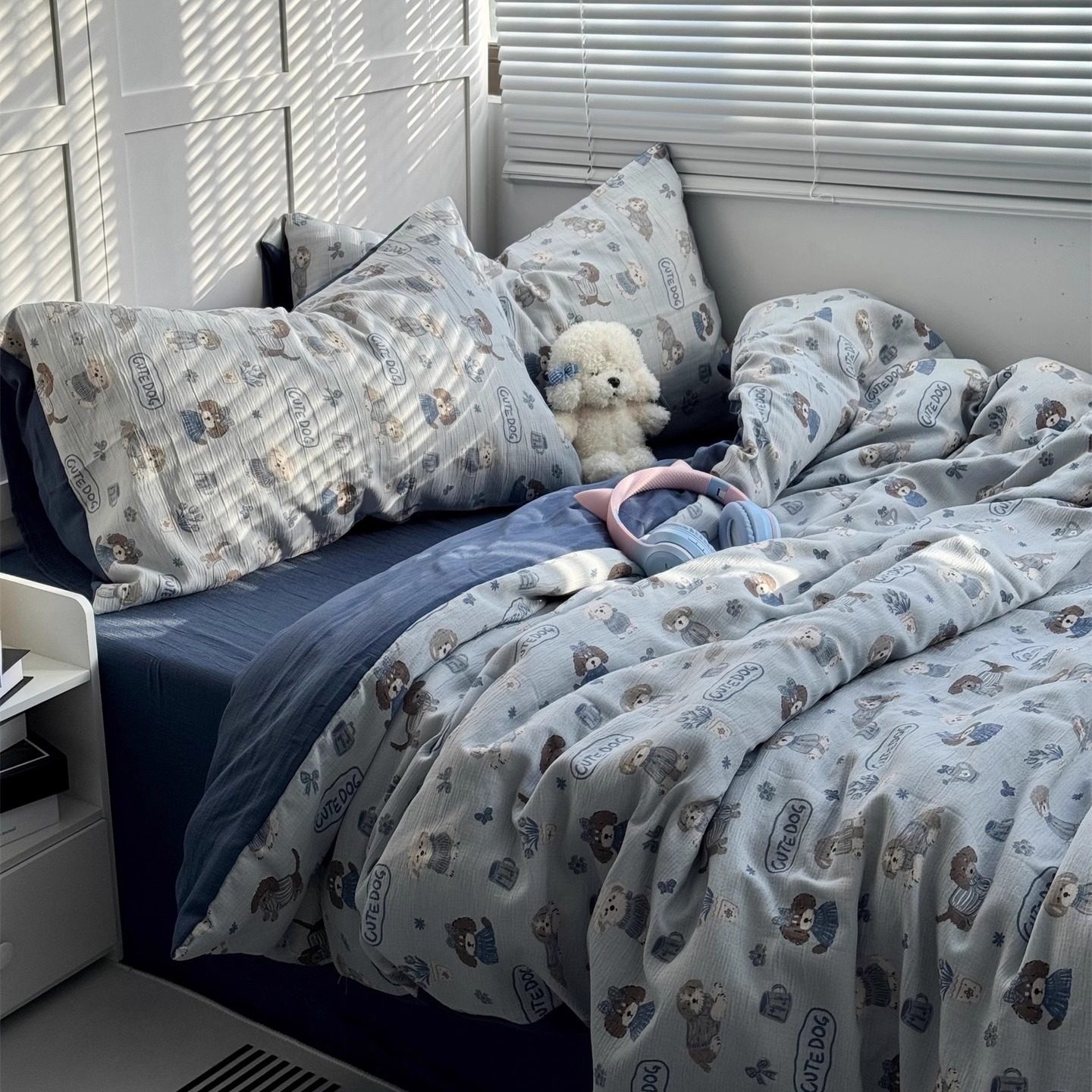 复古修狗ins蓝色水洗棉透气三层纱四件套全棉被套床单宿舍三件套