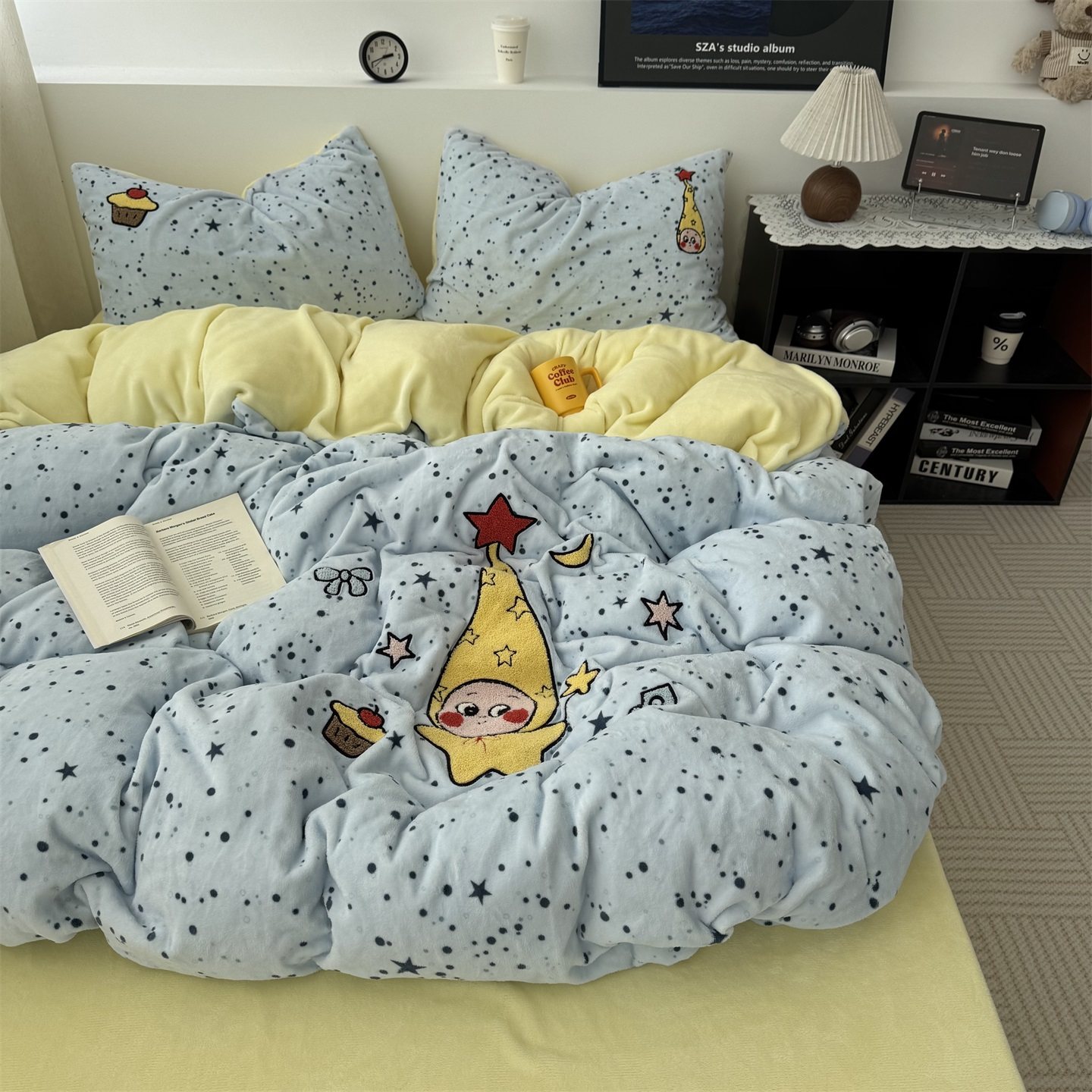 星星达人 ins风可爱毛巾绣牛奶绒四件套秋冬加厚珊瑚绒被套三件套