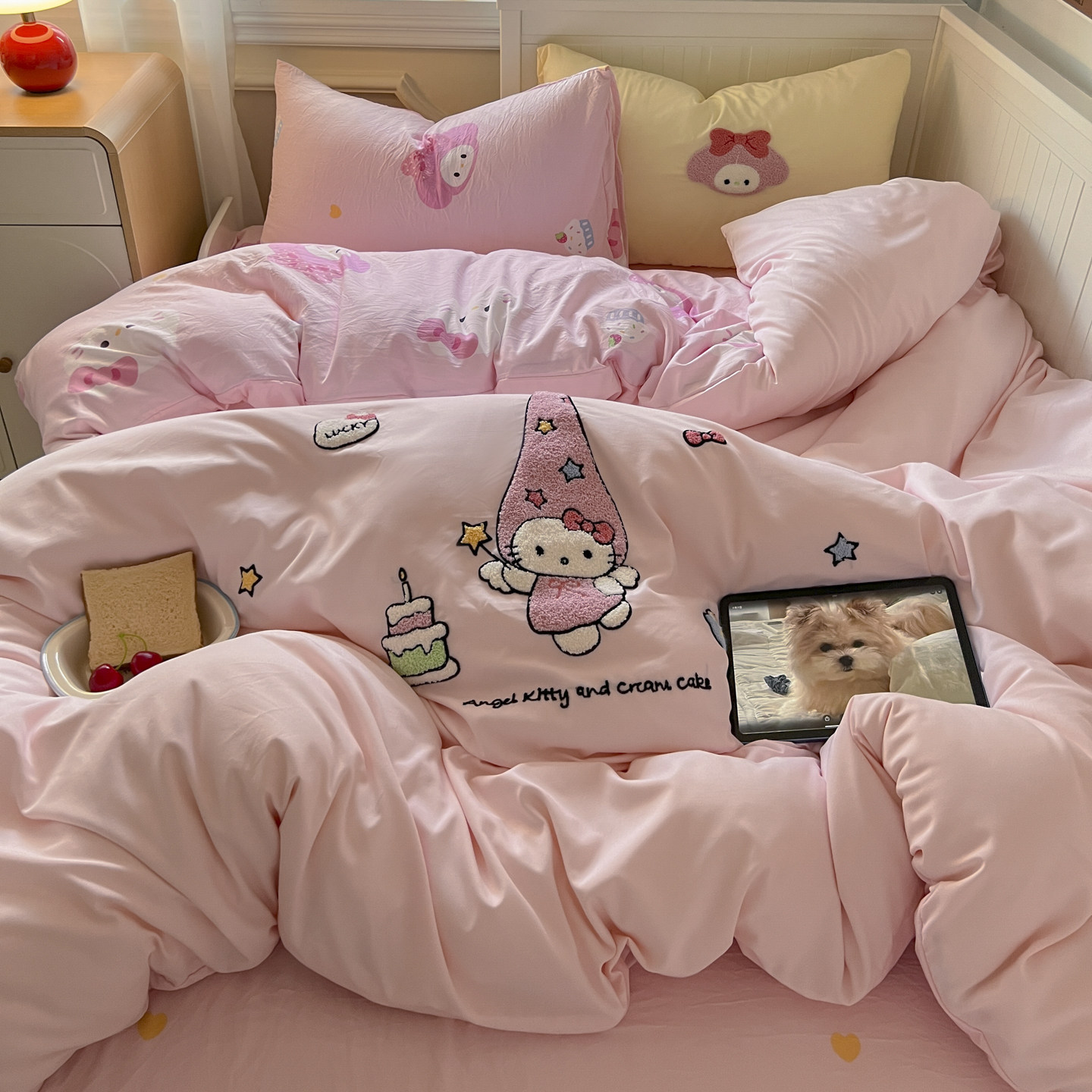 少女ins粉色kt猫毛巾绣四件套