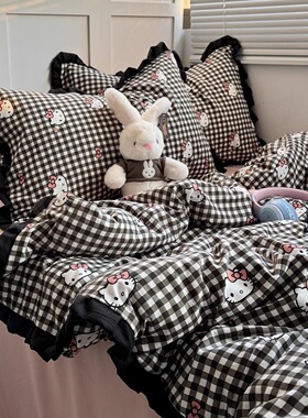 黑格调kt三丽鸥少女心水洗棉小花边四件套全棉床单被套宿舍三件套