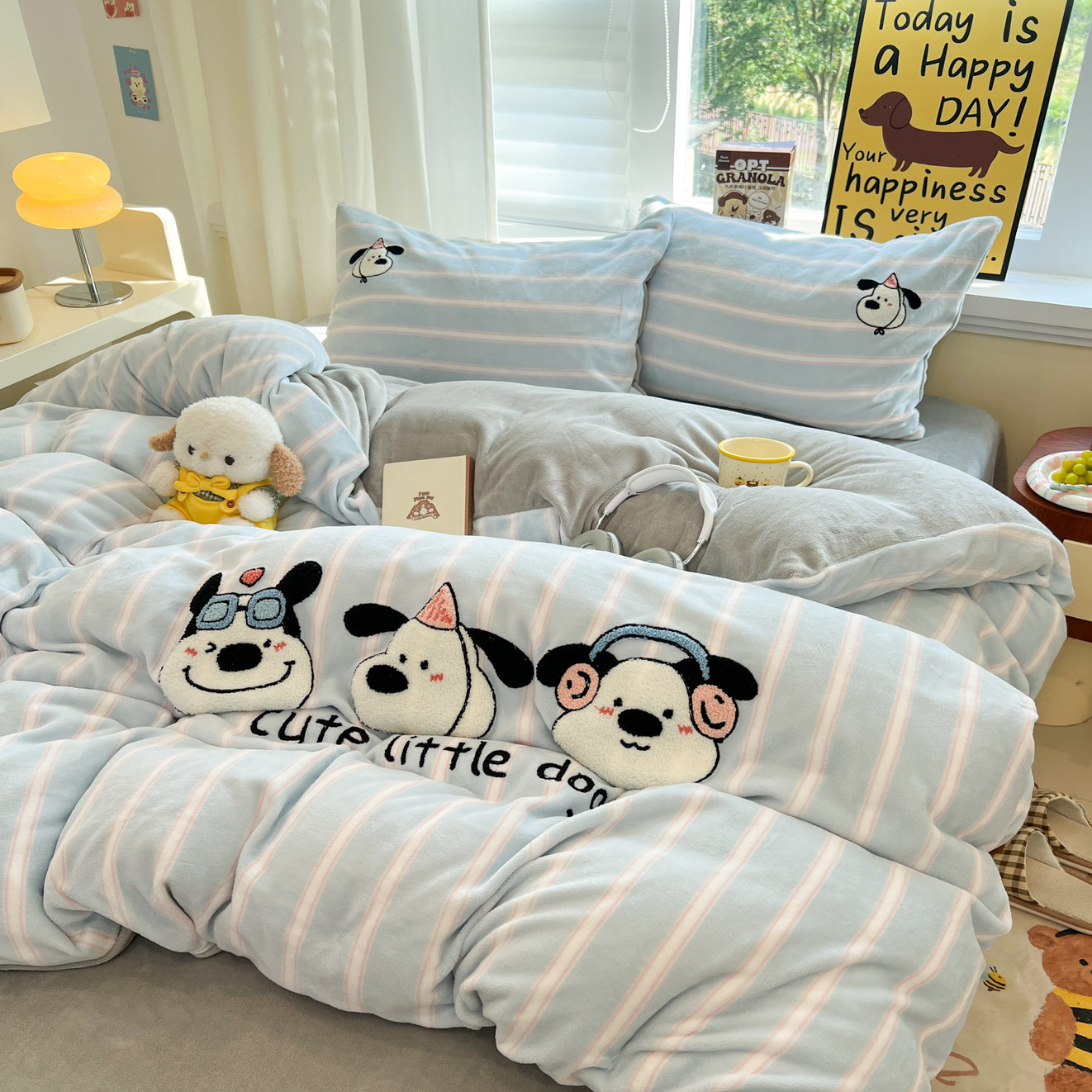 可爱狗狗 ins秋冬牛奶绒四件套加厚珊瑚绒双面加绒被套宿舍三件套