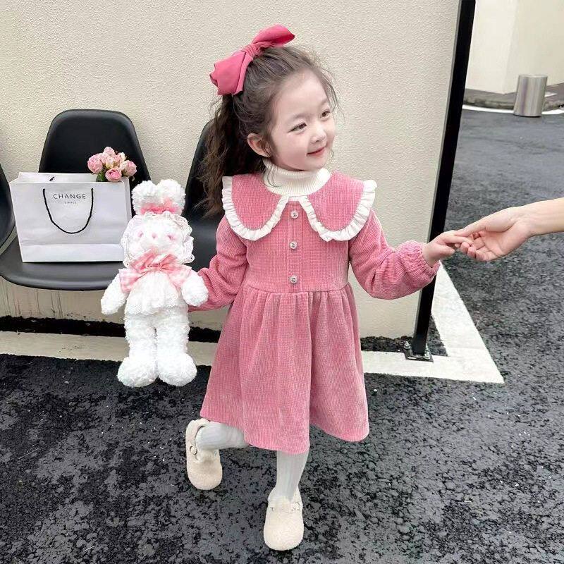 时髦洋气女孩加绒保暖连衣裙2024新年红色拜年服娃娃领女童公主裙
