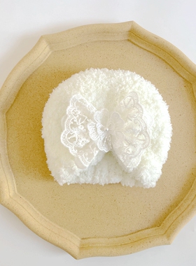 秋冬新款宝宝婴儿新生儿帽子毛线加绒印度帽蕾丝蝴蝶结加厚毛线帽