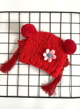 宝宝加厚帽子毛线珊瑚绒帽婴儿保暖帽中国风汉服帽新生儿护耳帽