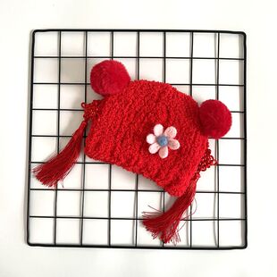 宝宝加厚帽子毛线珊瑚绒帽婴儿保暖帽中国风汉服帽新生儿护耳帽