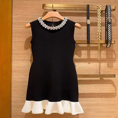 高端名媛小香风2025春季新款珍珠领无袖针织连衣裙荷叶边鱼尾裙女